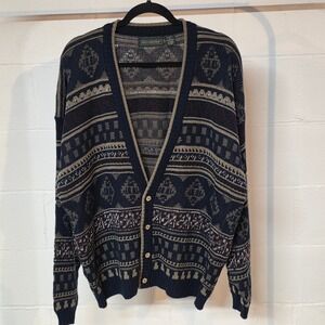 Vintage 90s Hill & Archer XL Geometric Southwestern Knit Cardigan Navy Blue Tan
